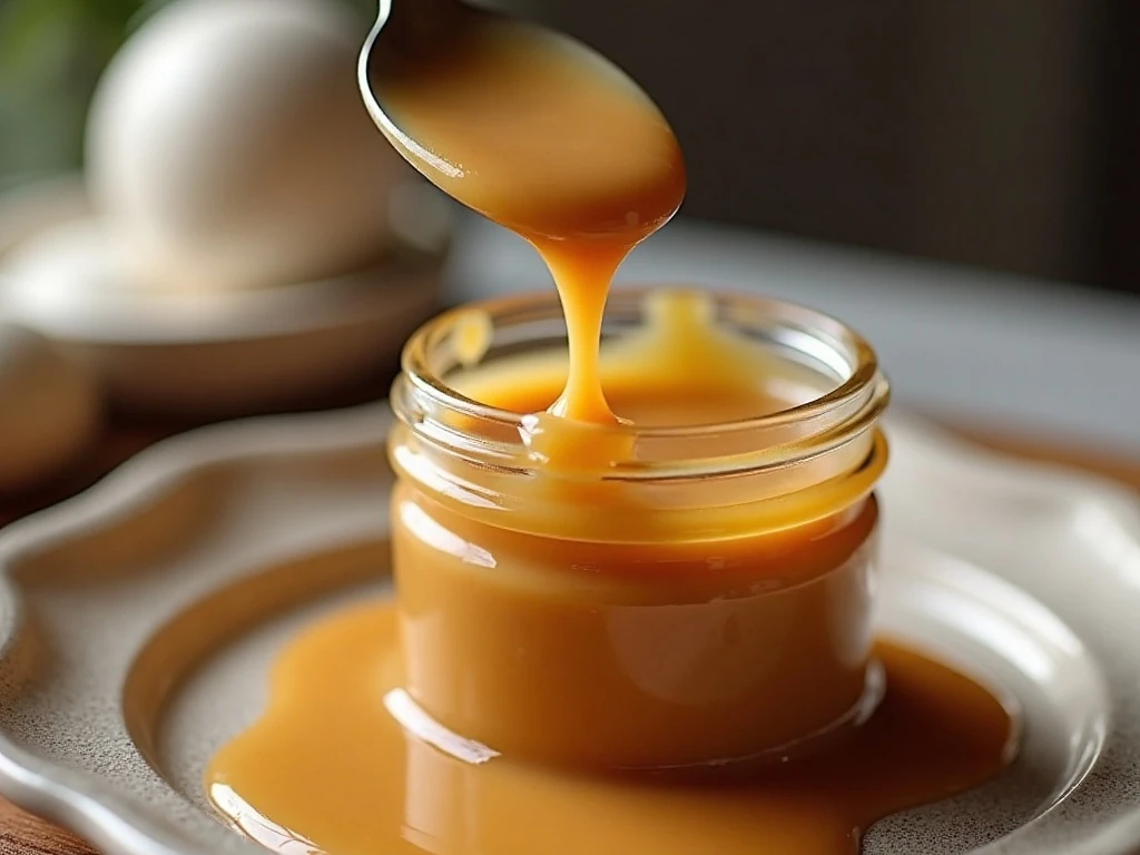 Thick homemade butterscotch sauce ready to serve after cooling