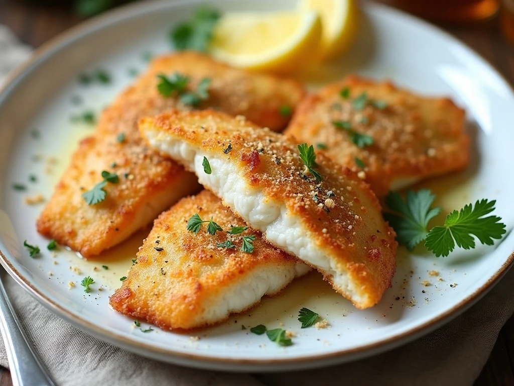 Four buttery crunchy baked tilapia fillets served with lemon wedges