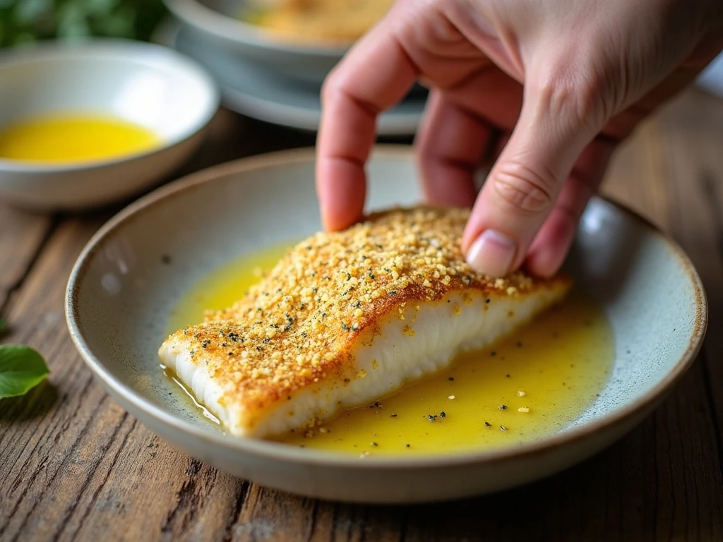 Tilapia fillet being coated in buttery Parmesan breadcrumbs