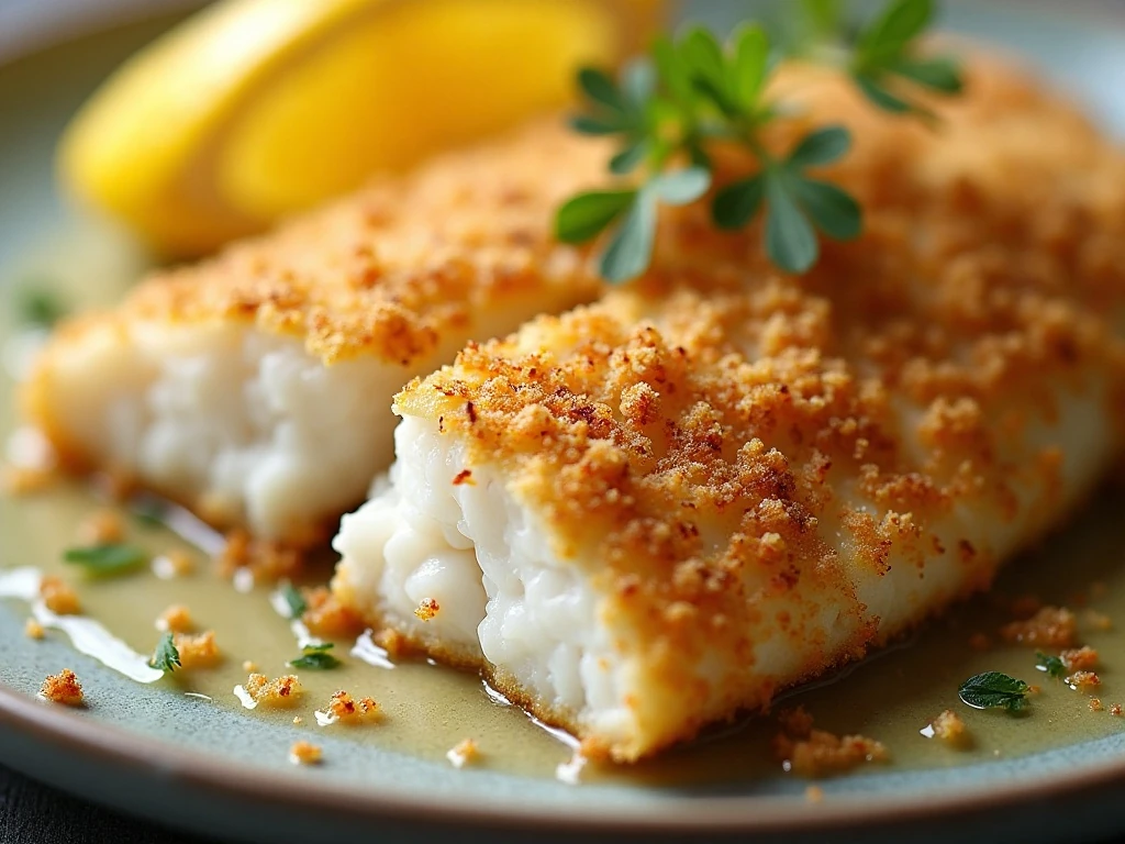 Close-up of the crisp golden crust on baked tilapia
