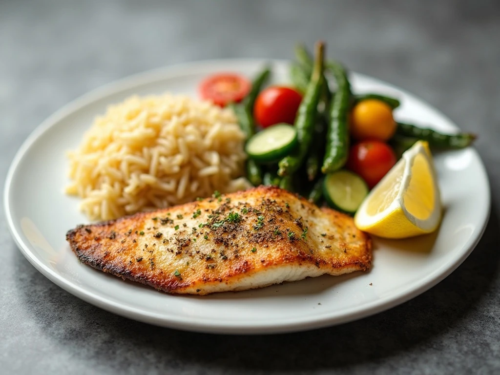 Baked tilapia served with vegetables, rice, and lemon