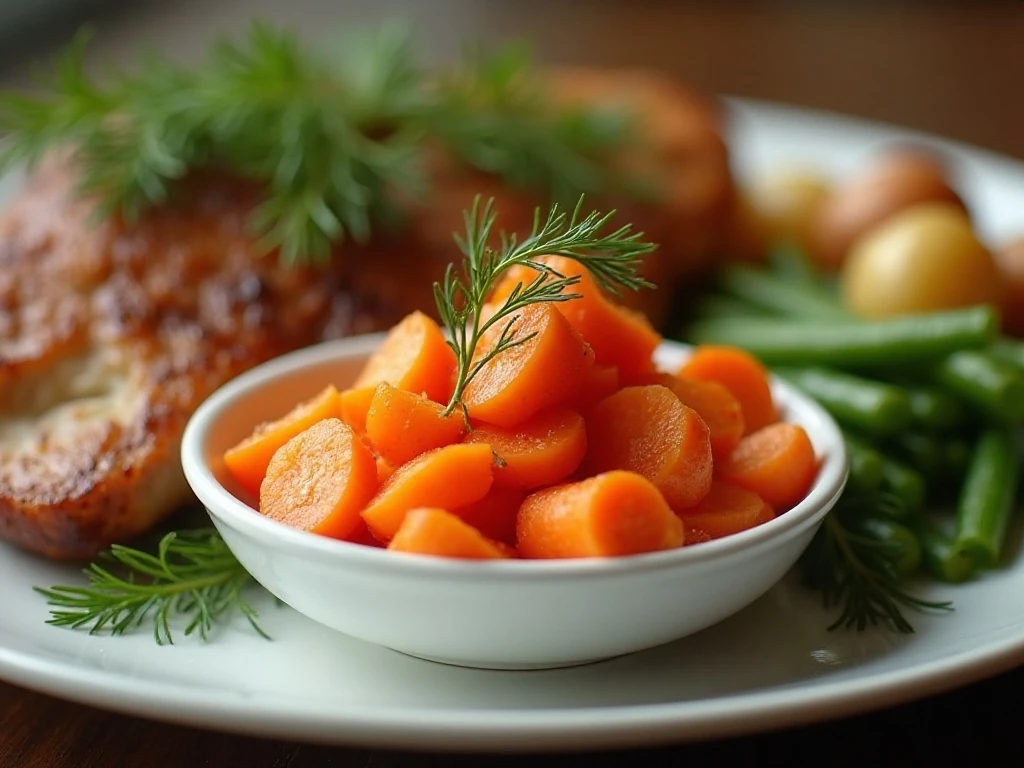 Buttery dill carrots on a complete dinner table