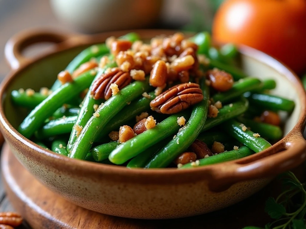 Buttery green beans with glazed pecans served in a bowl