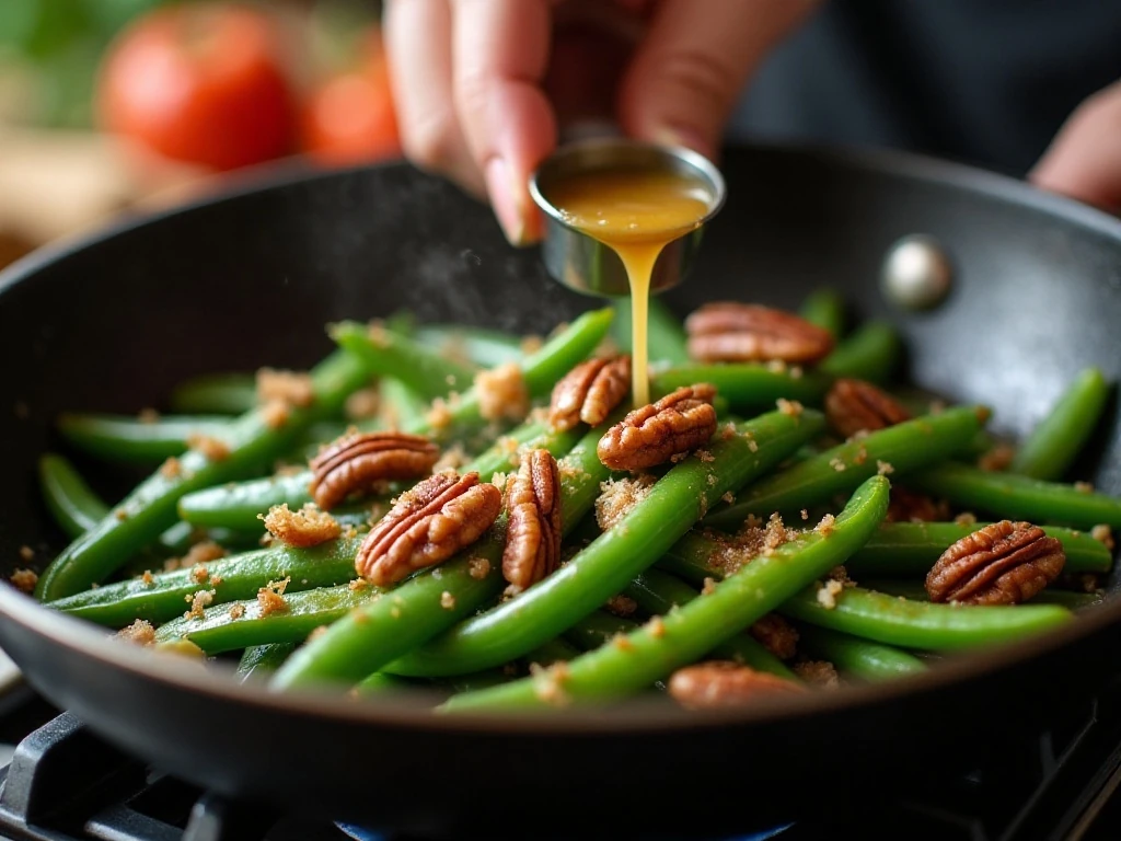 Green beans being tossed with buttery glazed pecans in a skillet