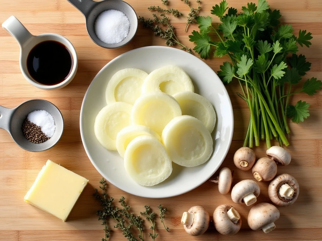 Ingredients for buttery mushrooms and onions arranged on a kitchen surface