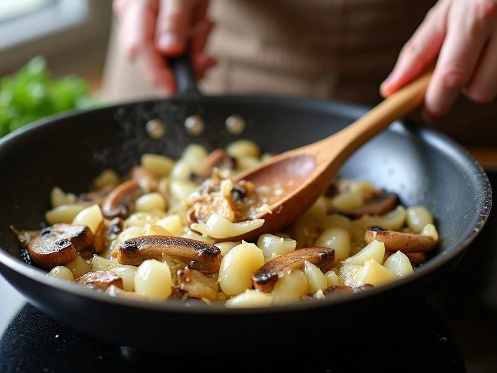 Mushrooms and onions cooking in butter in a large skillet
