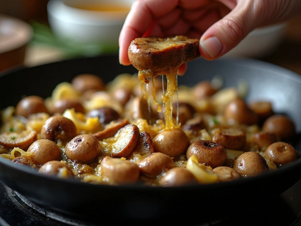 Mushrooms spread out in a skillet for deep browning
