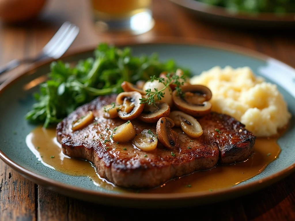 Buttery mushrooms and onions served with steak and mashed potatoes