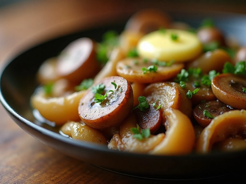 Close-up of buttery mushrooms and onions finished with fresh herbs