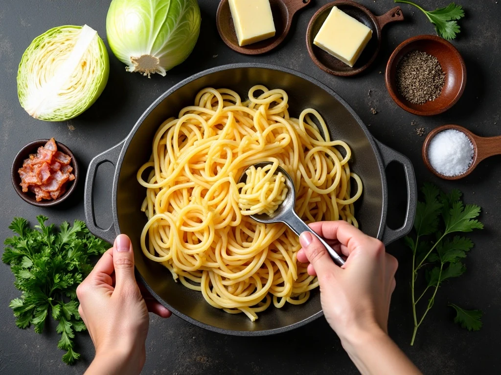 Ingredients for fried cabbage and noodles haluski