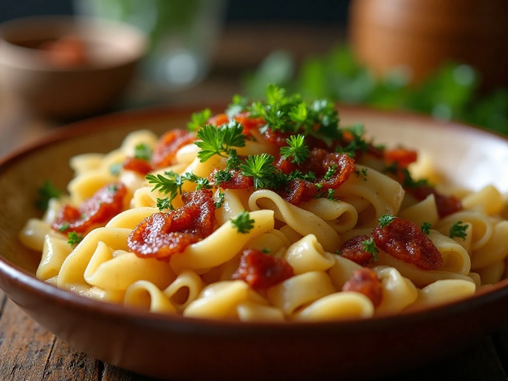 Haluski garnished with parsley and optional bacon