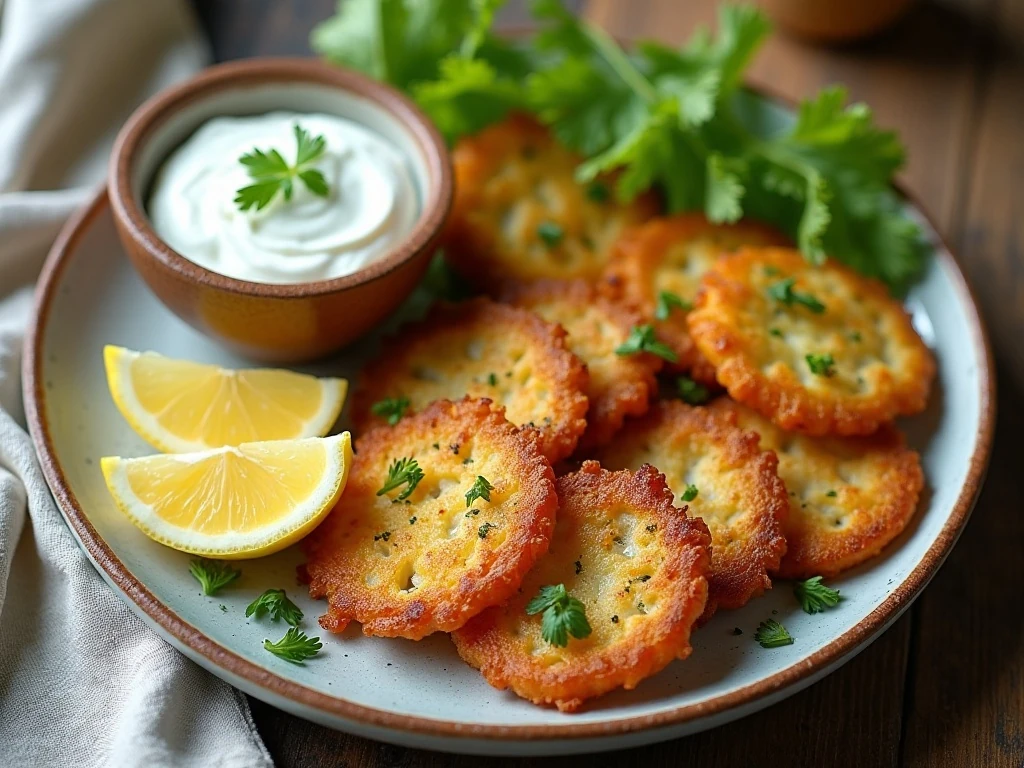 Golden crispy cabbage fritters served with yogurt dip and lemon