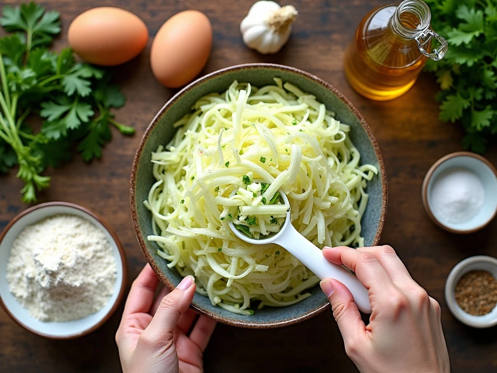 Ingredients for crispy cabbage fritters arranged on a counter