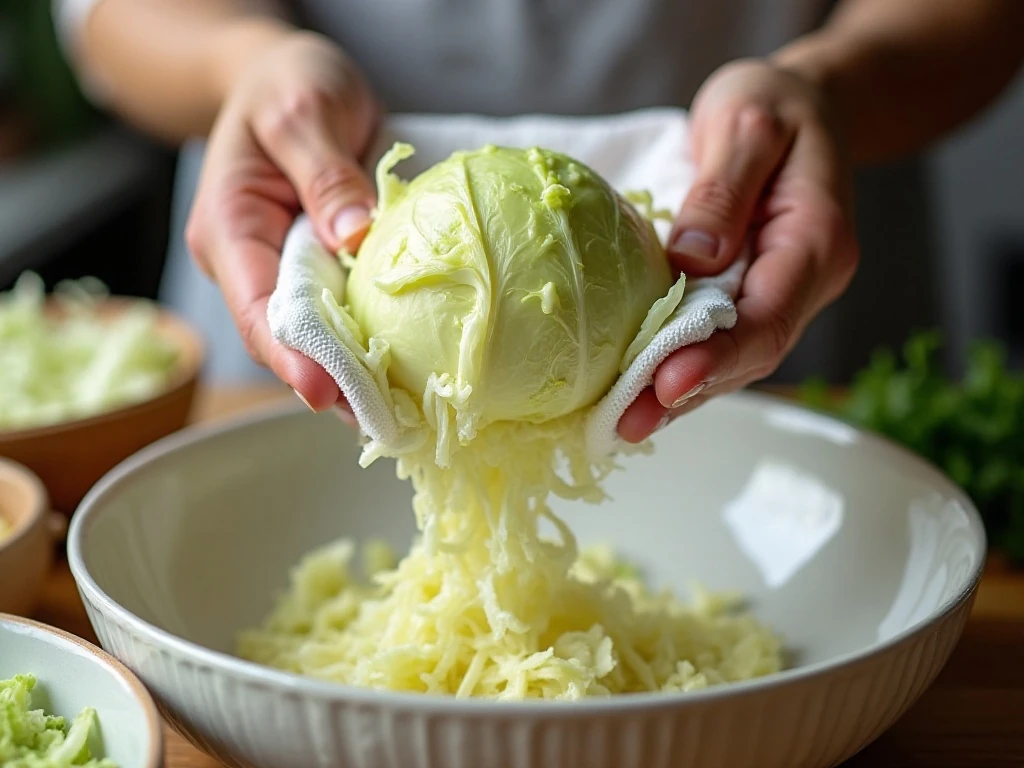 Squeezing excess moisture from salted shredded cabbage for fritters