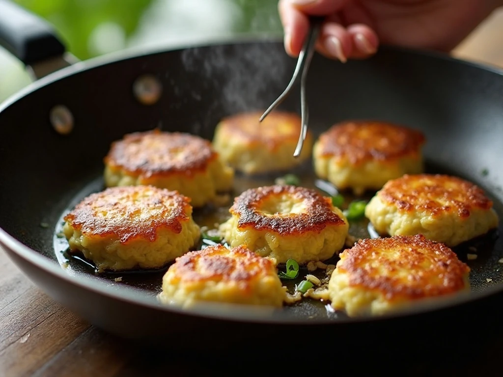 Cabbage fritters shallow-frying until crisp and golden
