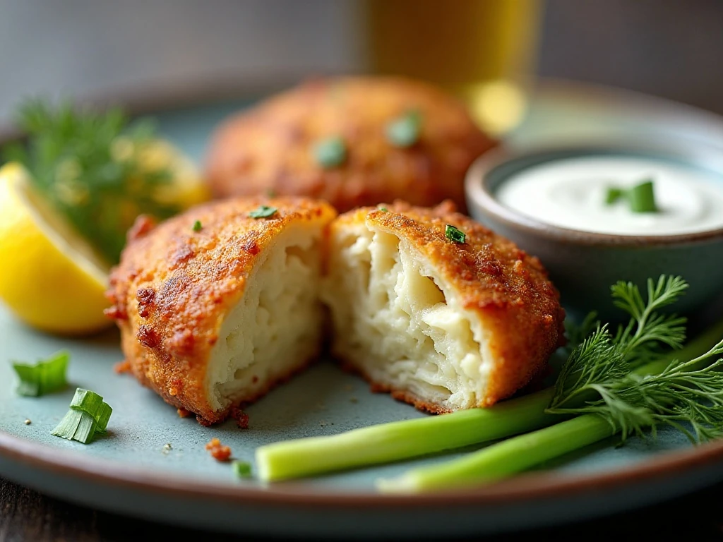 Crispy cabbage fritter with creamy dipping sauces and fresh herbs