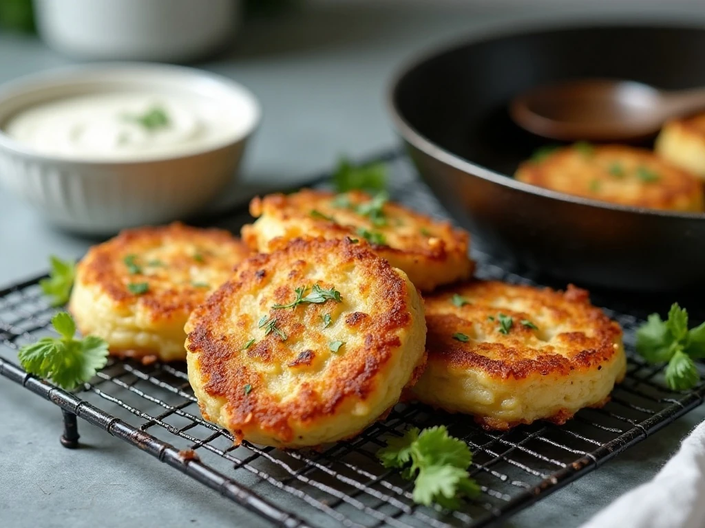 Cabbage fritters resting on a wire rack after reheating