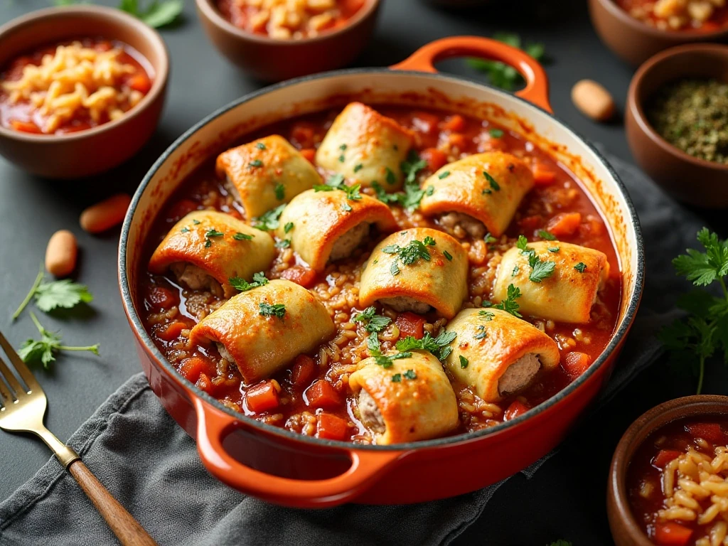 Hearty cabbage roll casserole with ground beef, cabbage, rice, and tomato sauce