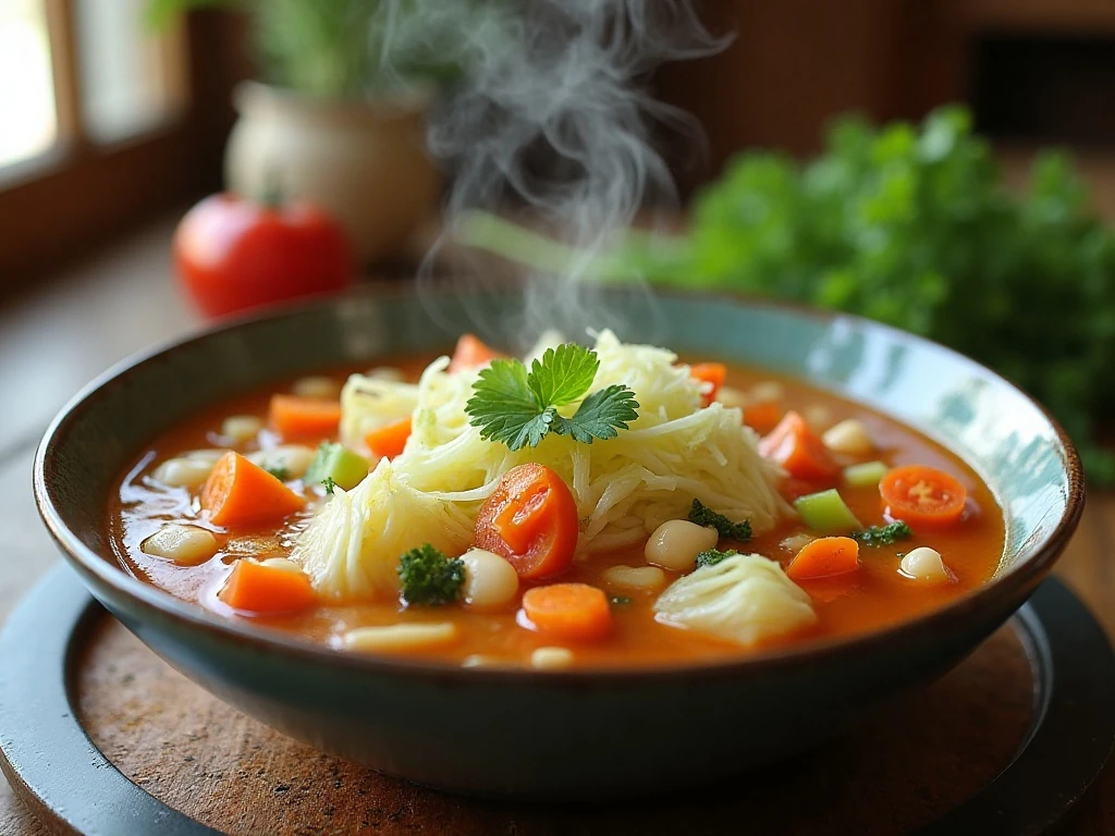 Healthy cabbage soup with vegetables and white beans served for dinner