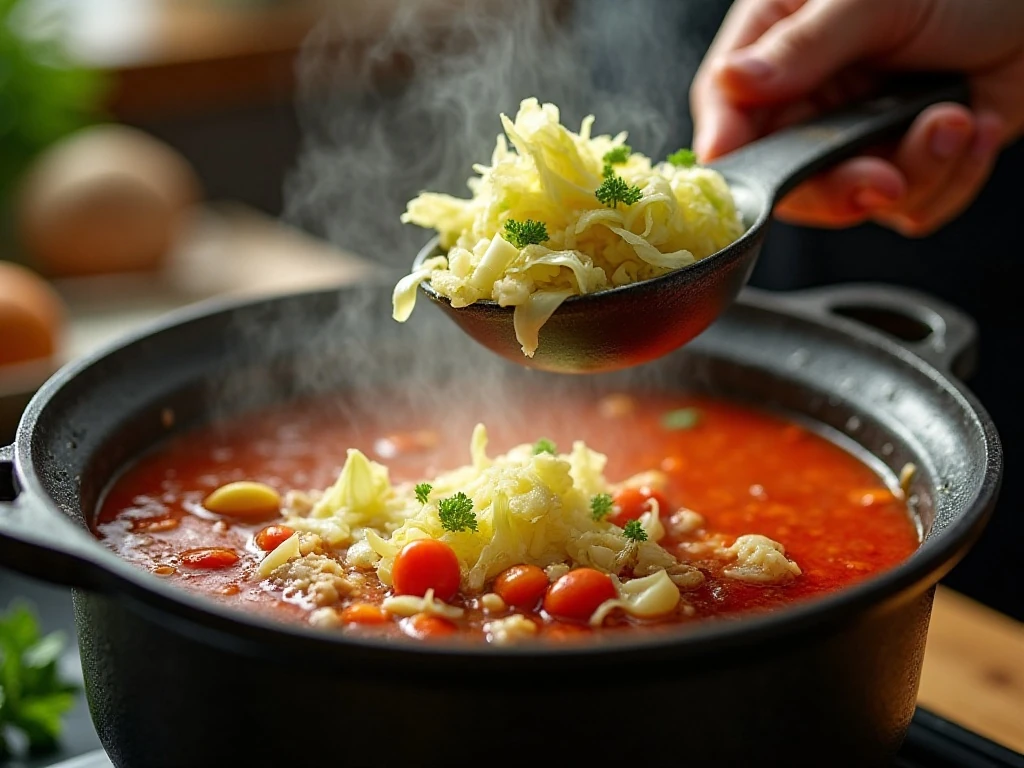 Cabbage and vegetables simmering in a soup pot
