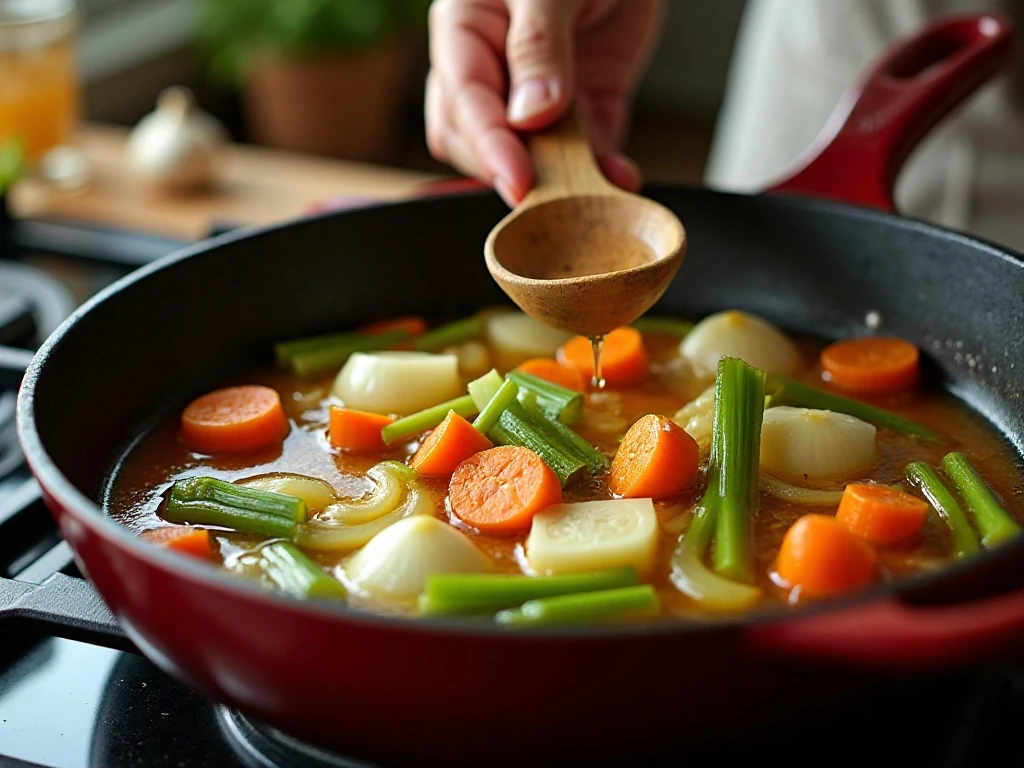 Sautéed vegetables forming the flavor base for cabbage soup
