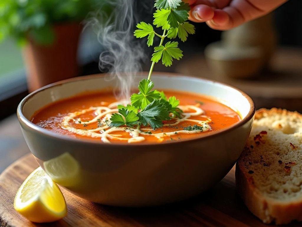 Cabbage soup garnished with parsley and served with lemon