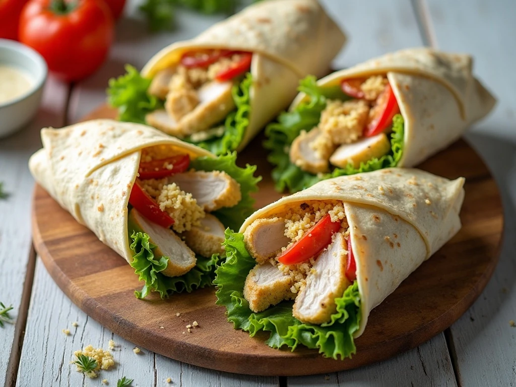 Four Caesar chicken wraps ready for a quick dinner or lunchbox
