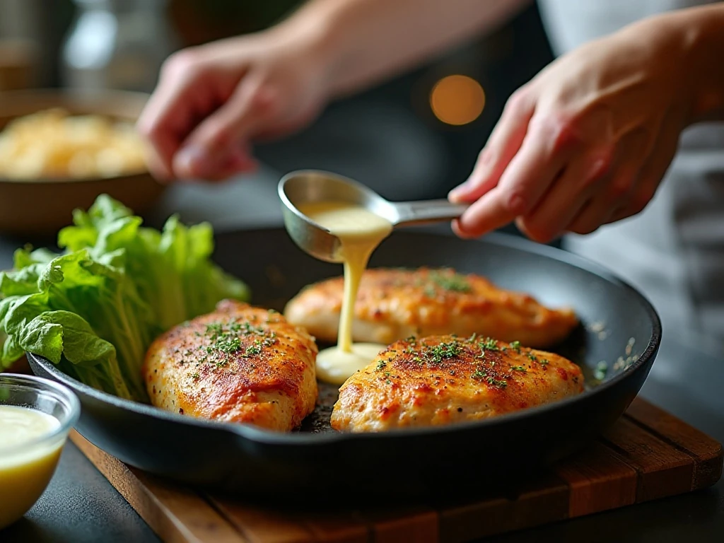 Seasoned chicken cooking in a skillet for Caesar wraps