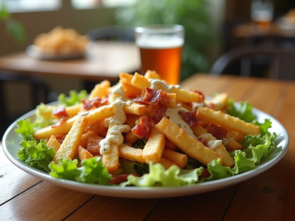 Crispy Caesar salad fries topped with romaine, bacon, Parmesan, croutons, and dressing