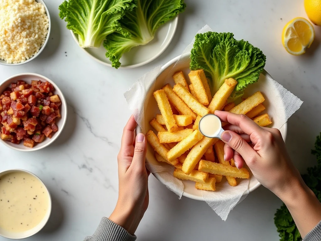 Ingredients for crispy Caesar salad fries arranged in a flat lay