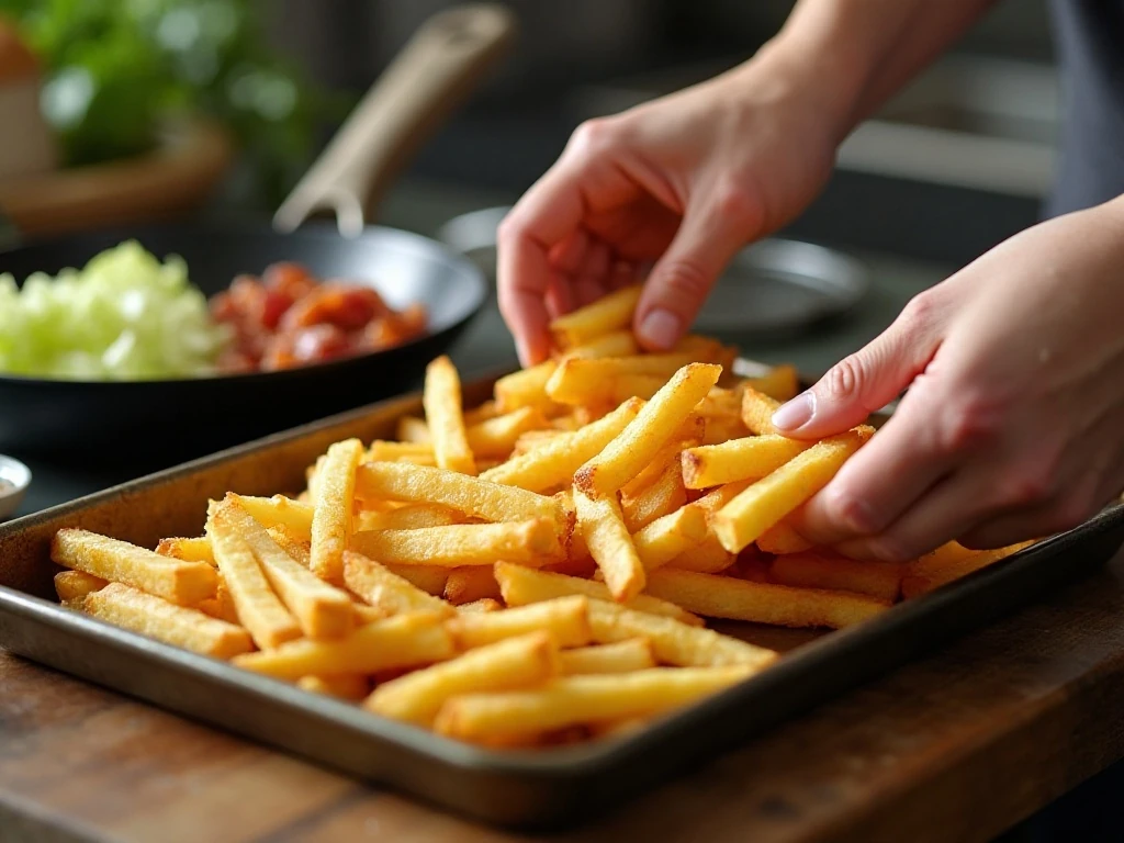 Preparing fries and bacon for a Caesar salad fries recipe
