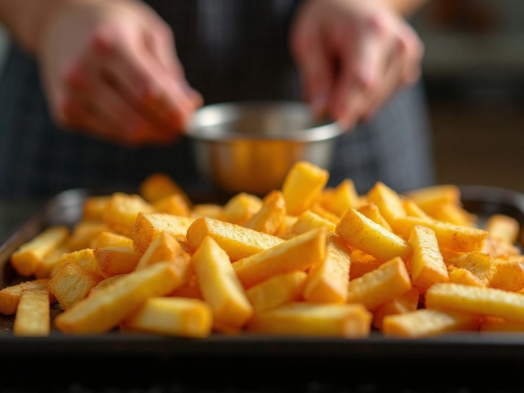 Golden fries spaced in a single layer for crisp roasting