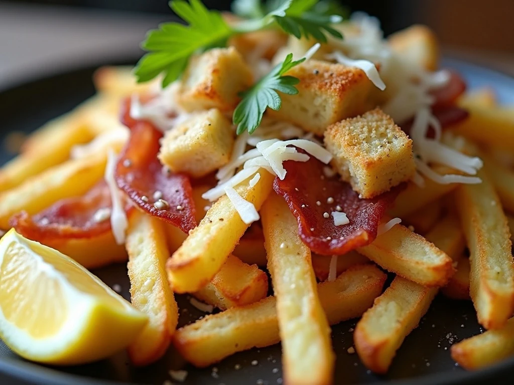 Close-up of Parmesan and dressing on crispy Caesar salad fries