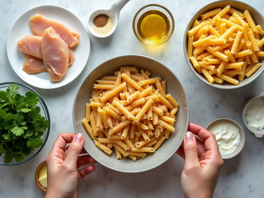 Ingredients for creamy Cajun chicken pasta arranged on a countertop
