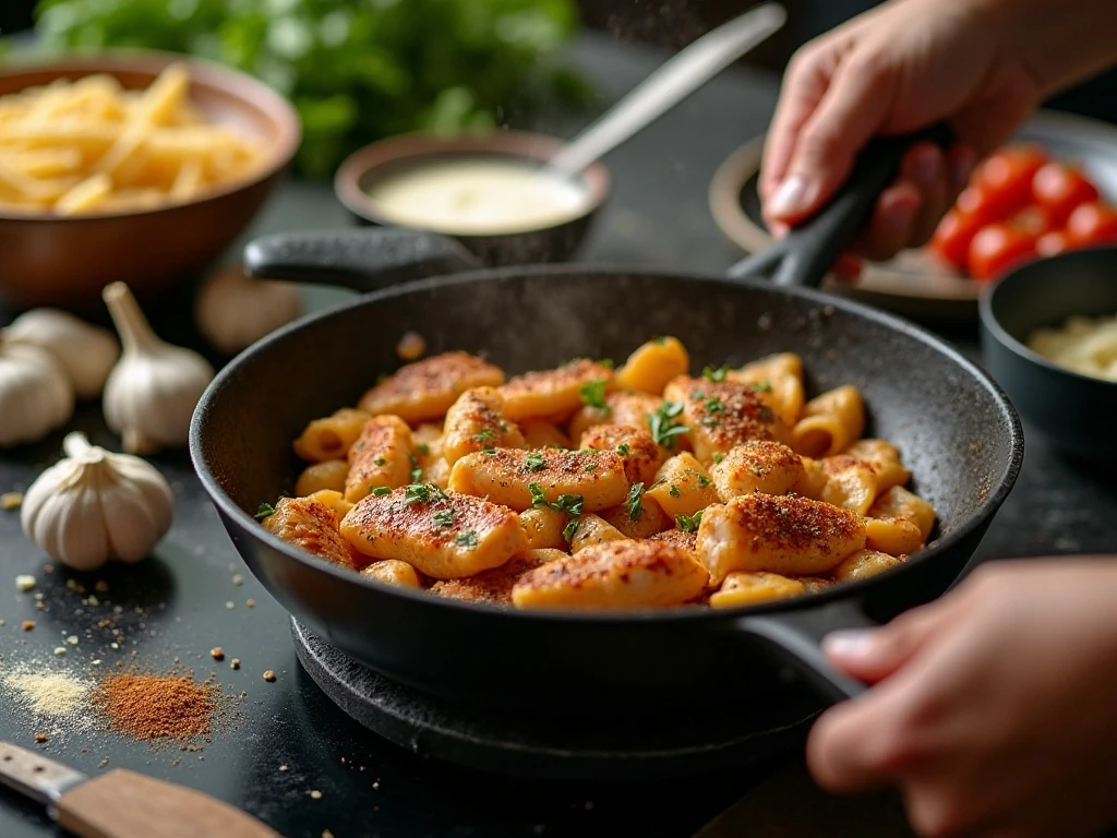 Chicken browning in a skillet for creamy Cajun pasta