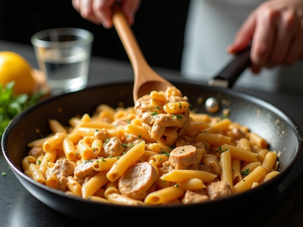 Pasta being tossed in creamy Cajun sauce with chicken