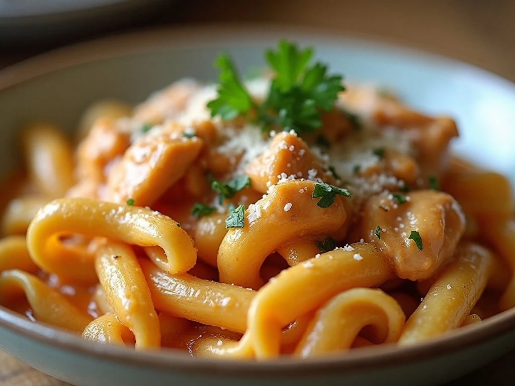 Reheated creamy Cajun chicken pasta with parsley and Parmesan