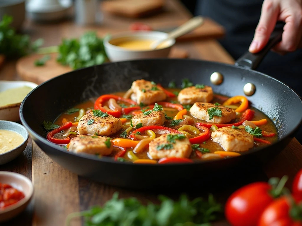 Chicken and vegetables cooking for Cajun pasta