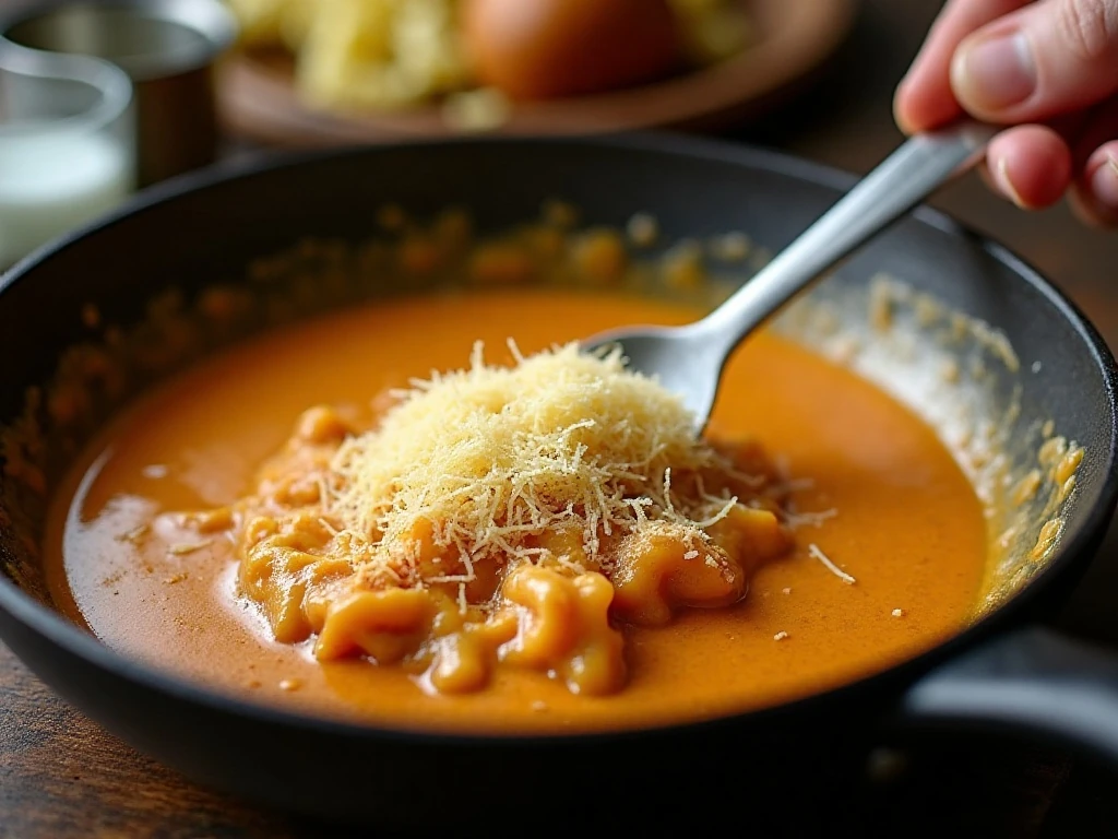 Stirring Parmesan into Cajun cream sauce