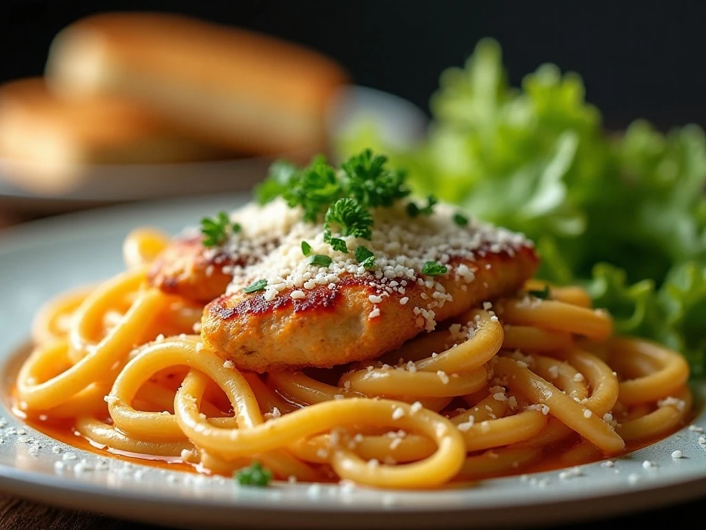 Cajun chicken pasta served with parsley and side dishes