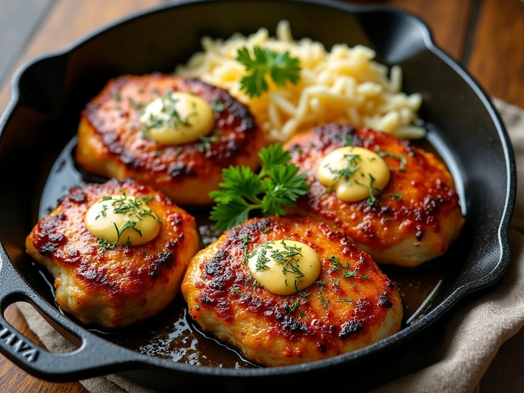 Skillet Cajun chicken breasts with garlic butter sauce and rice