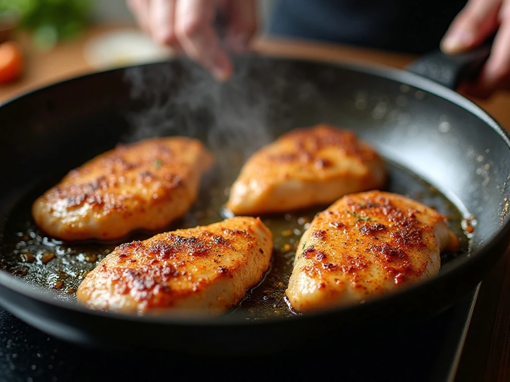 Cajun-seasoned chicken searing in a skillet