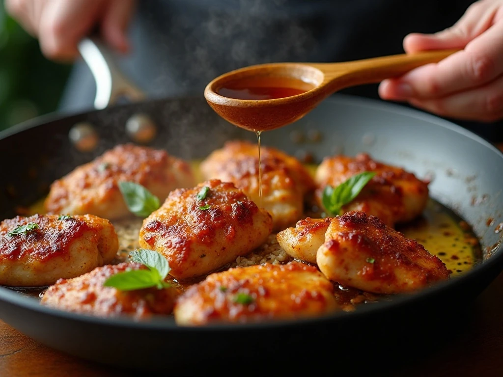 Garlic butter pan sauce being made with browned Cajun chicken bits