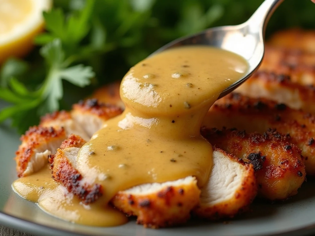 Creamy Cajun chicken garnished with parsley and lemon