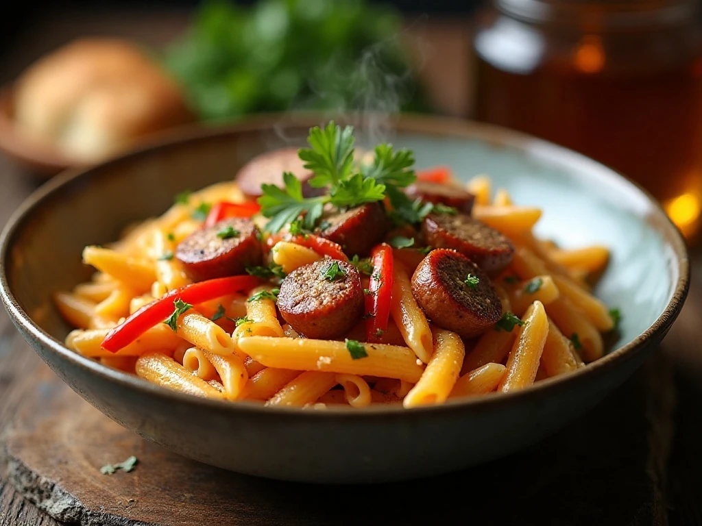 Creamy Cajun sausage pasta in a bowl with browned sausage and colorful vegetables
