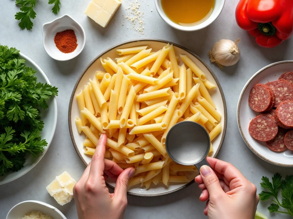 Ingredients for creamy Cajun sausage pasta arranged for cooking