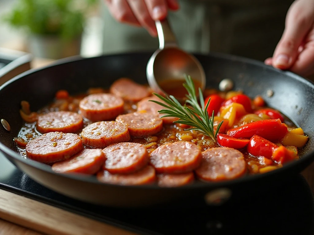 Sausage, peppers, and onions cooking in a skillet for Cajun pasta