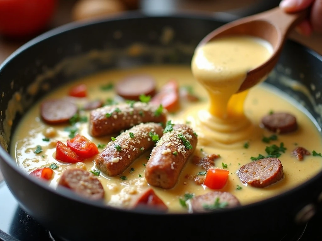 Cajun cream sauce simmering gently with sausage and vegetables