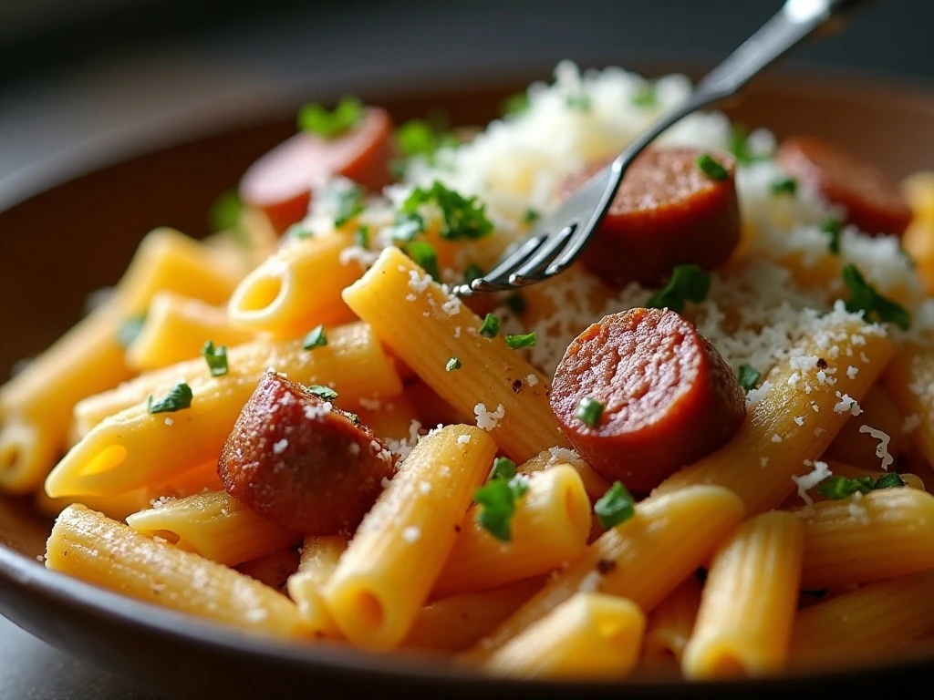 Close-up of Parmesan and parsley garnished Cajun sausage pasta