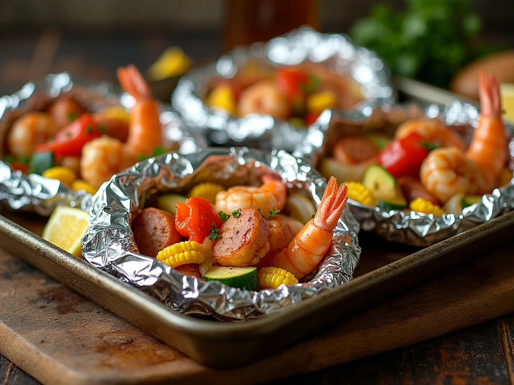 Cajun sausage shrimp foil packs served with colorful vegetables and lemon